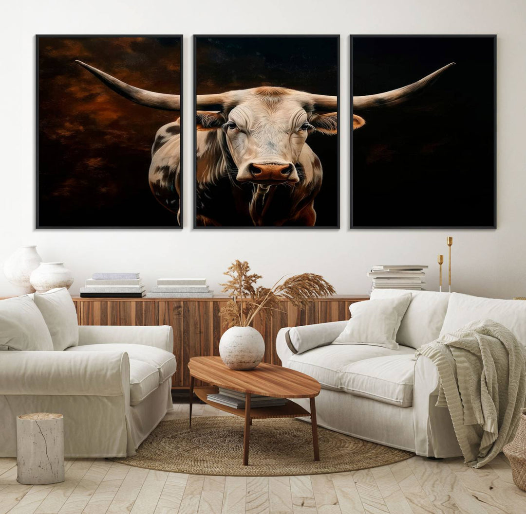 A large 3-panel Texas Longhorn canvas print dominates the space.