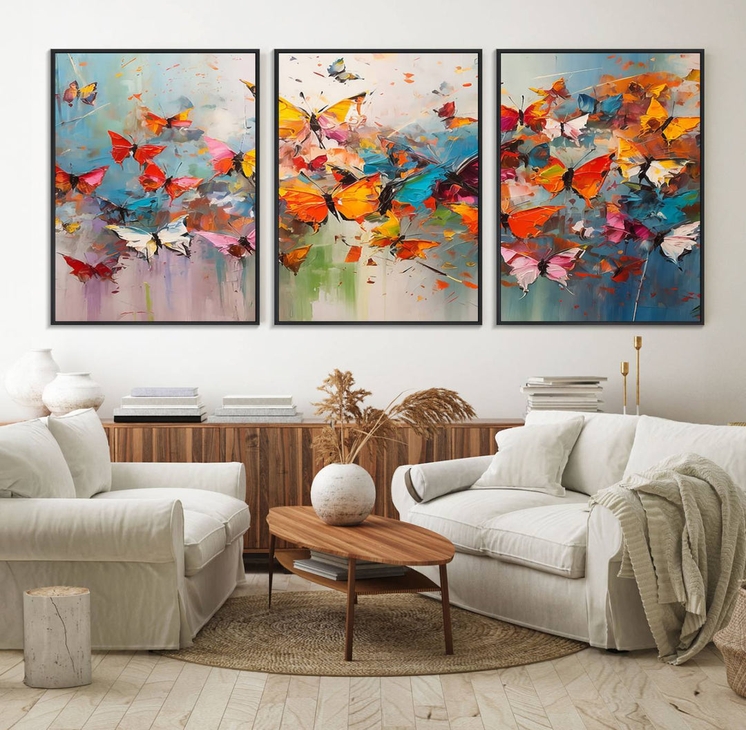 The Abstract Butterfly Wall Art Canvas Print hangs prominently, adding a touch of elegance and creativity to the room.