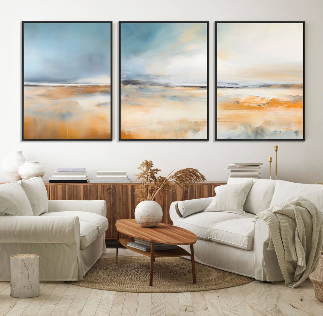 Abstract Landscape Wall Art in warm tones of orange and blue.