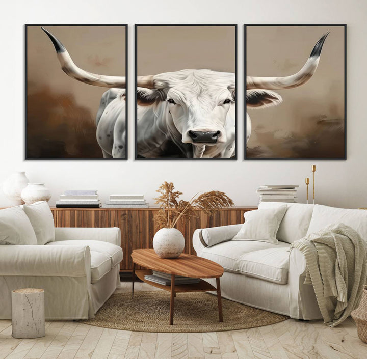 The kitchen features a striking canvas print of a Longhorn Bull.