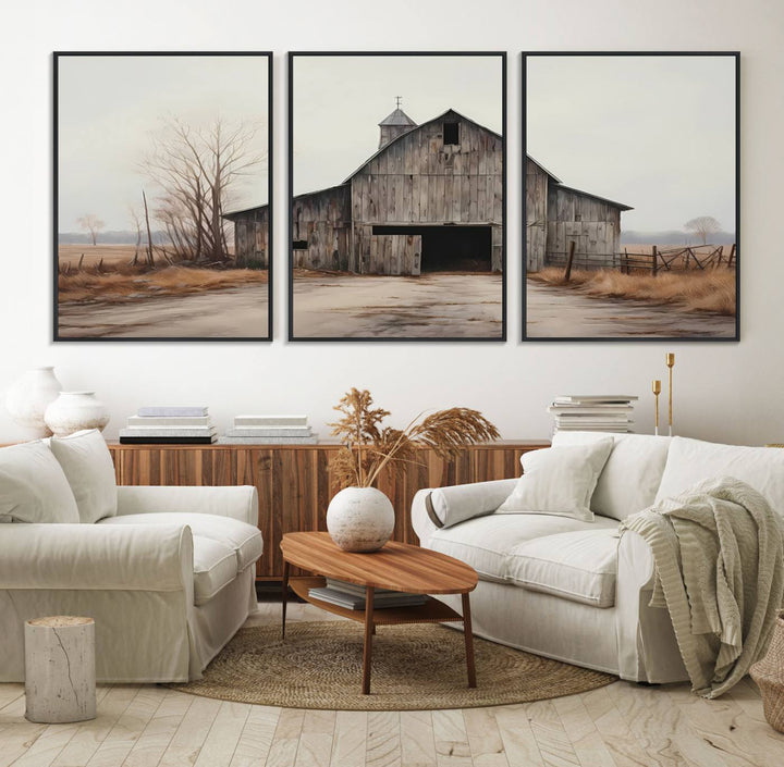 The Farmhouse Rustic Barn Wall Art Canvas Print, framed and ready to hang, enhances the farmhouse décor.