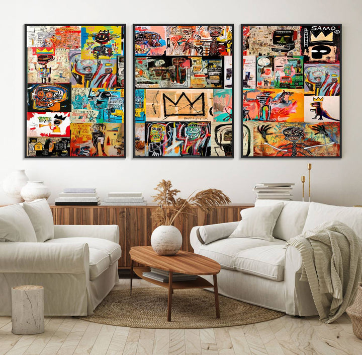 A Basquiat graffiti-style collage adorns the wall.