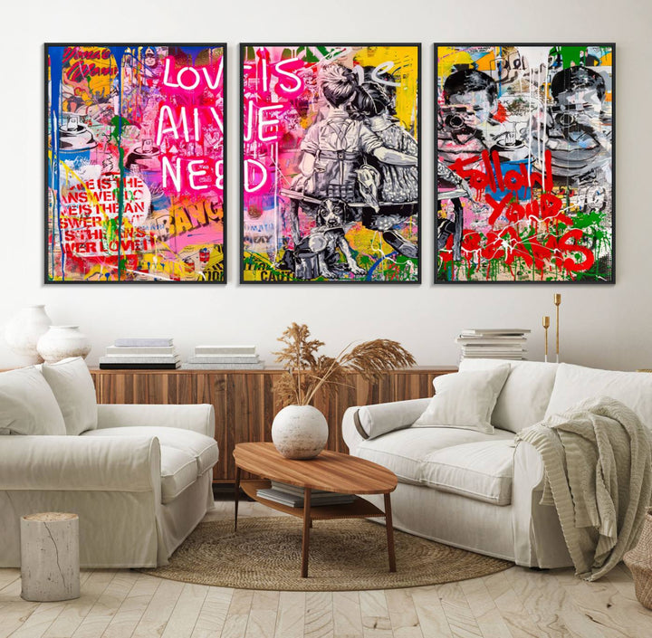 A vibrant and dynamic triptych features distorted horizontal lines, resembling graffiti street art. This artwork conveys the themes of "Follow Your Dreams" and "Love is All We Need" across three colorful panels.