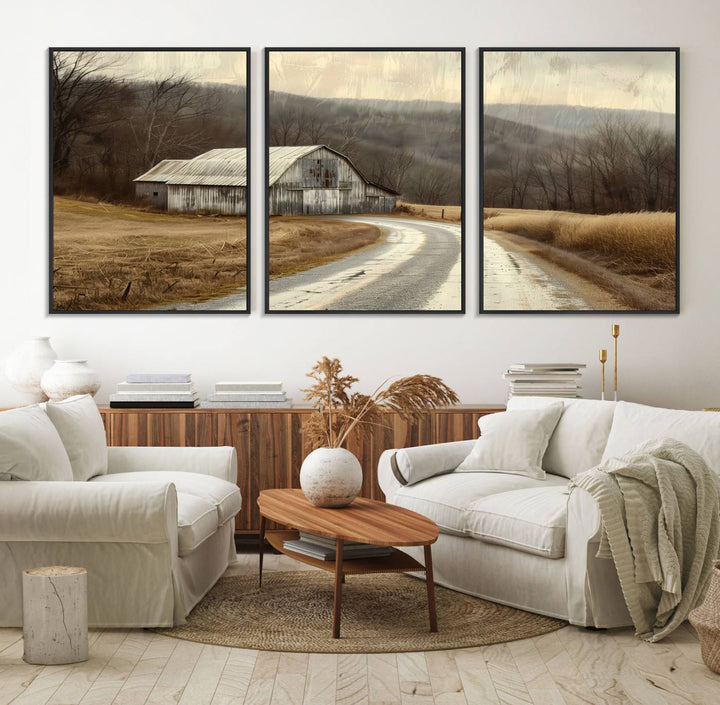 The wall exudes rustic charm, highlighted by the Vintage Barn Farmhouse Wall Decor Canvas Print.