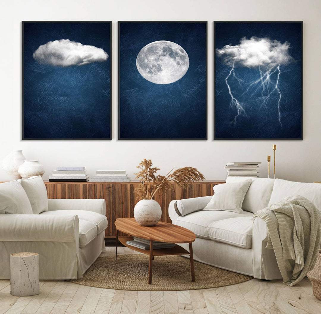 Dark Blue Cloud Art featuring a surreal moon and thunderstorm on a dark background.