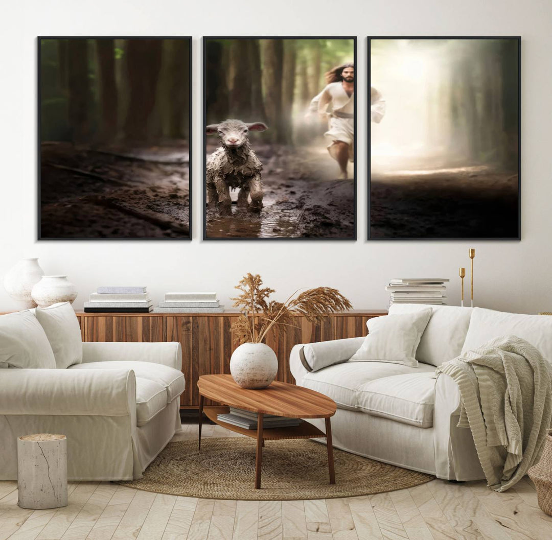 The Jesus Running After Lost Lamb canvas wall art adds a touch of spiritual significance.