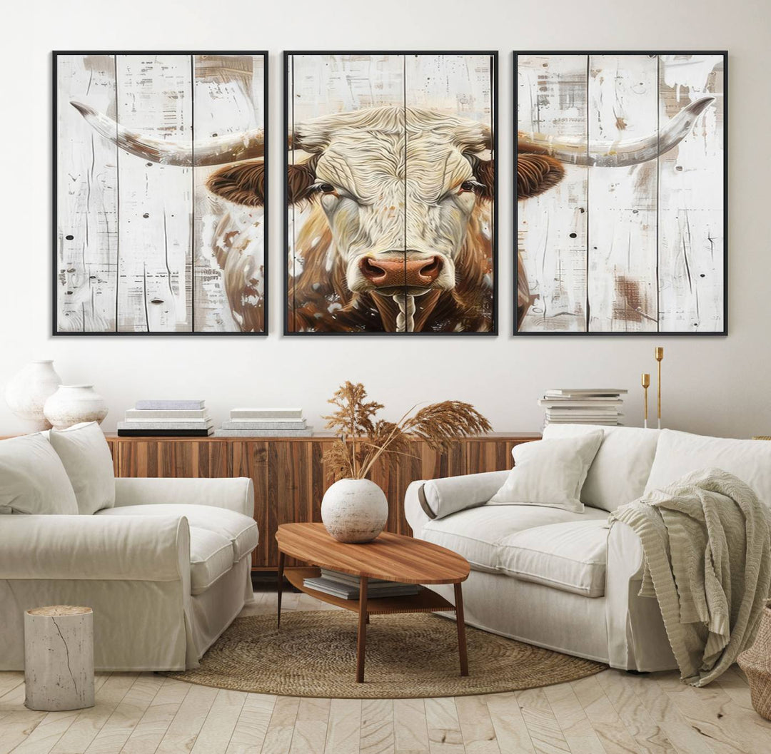 A Western-inspired Rustic Longhorn Bull Wall Art Canvas Set.