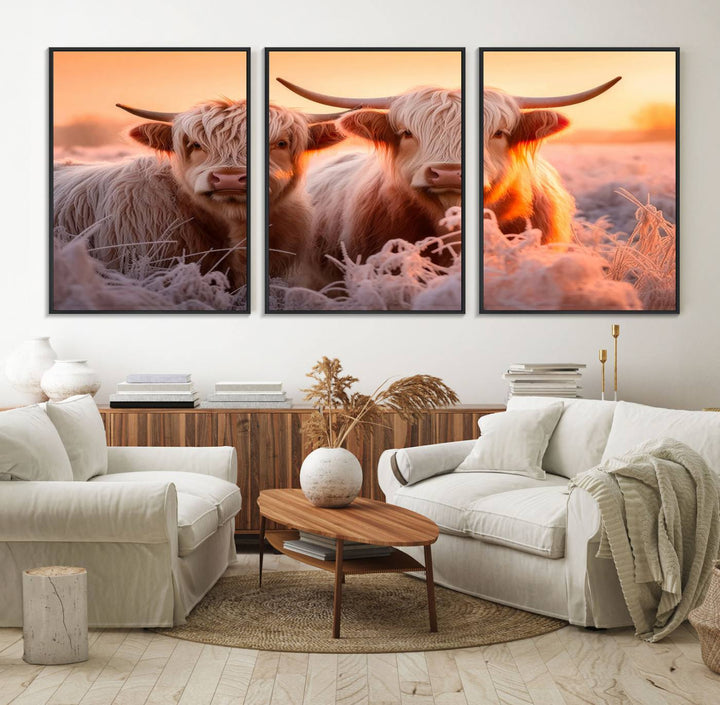 Highland Cows at Sunrise Wall Art adds serene rustic farmhouse charm.