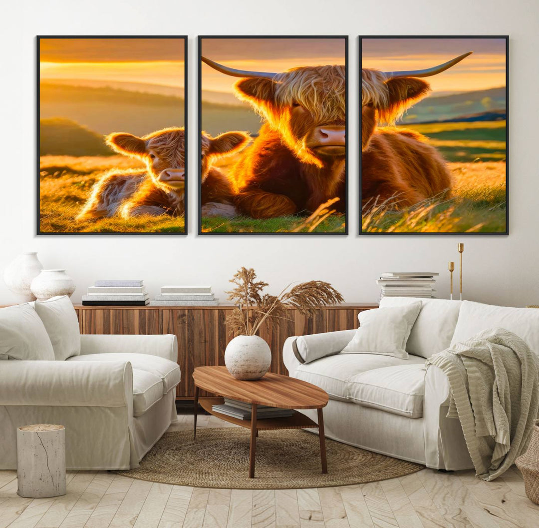 The Scottish Cow and Baby Cow Canvas Wall Art captures sunset fields.