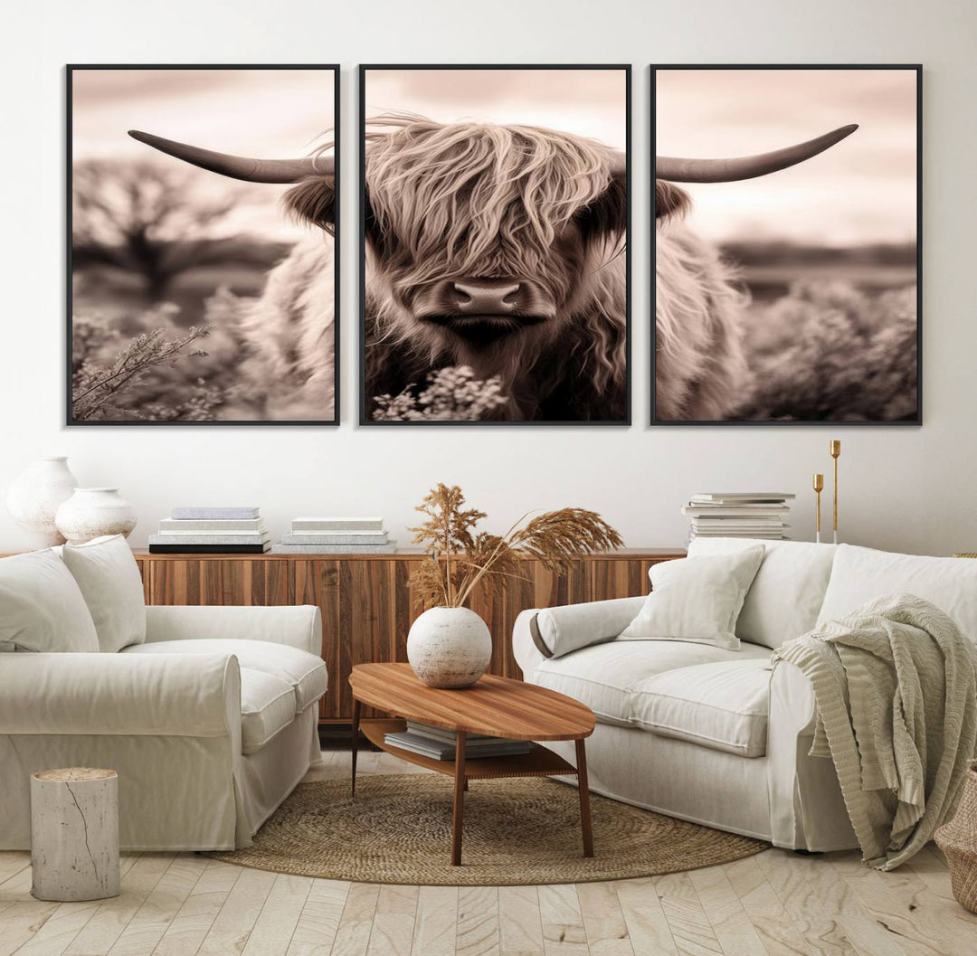 The Scottish Cow Longhorn Wall Art Canvas Print adds charm to the kitchen.