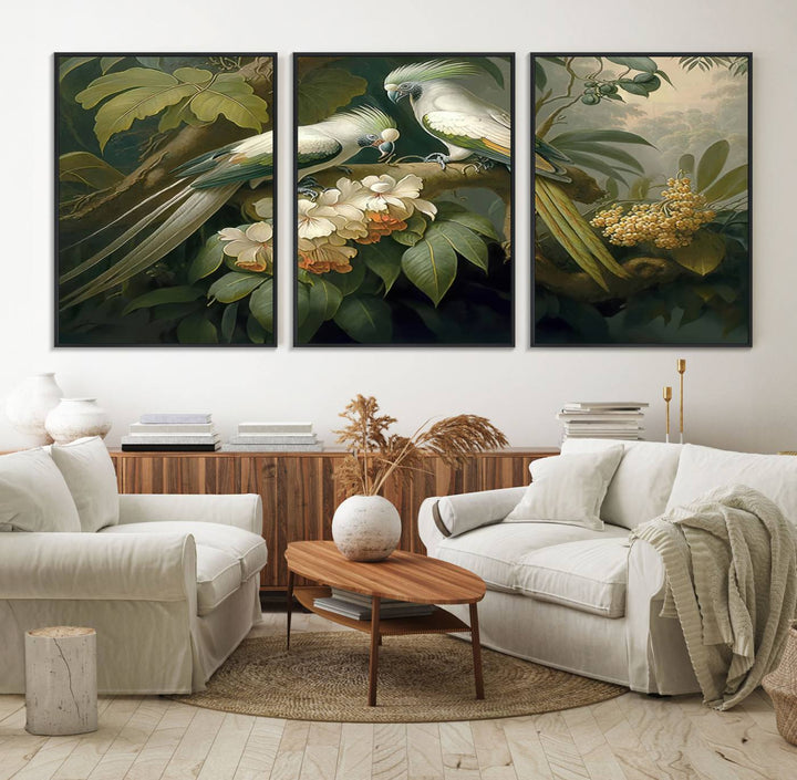 The Tropical Paradise Wall Art features a parrot in a lush forest.