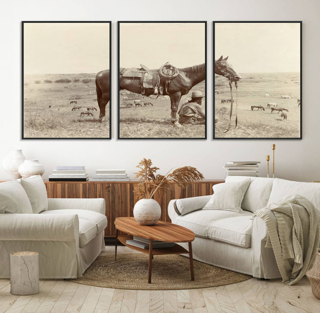 Cowboy Wall Art - Vintage Western Horse Canvas Print features a cowboy kneeling by his horse in a field.