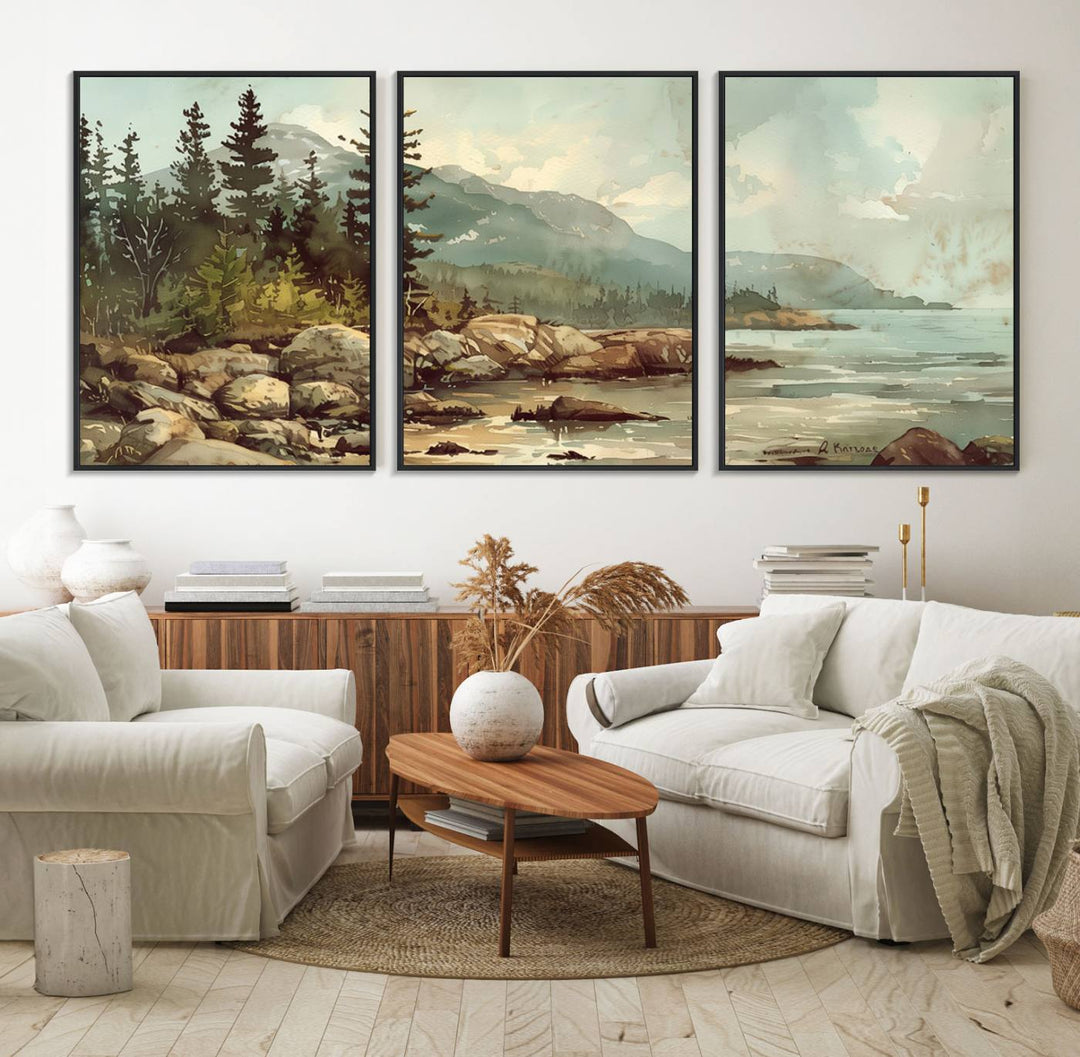 Framed Abstract Acadia National Park wall art, depicting a rocky coastline with trees and mountains, ready to hang.