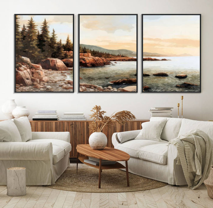 The Serene Coastal View of Acadia National Park 3-panel canvas, framed and ready to hang, adorns the wall.