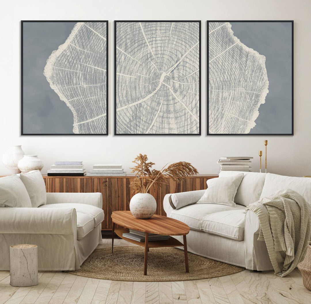 A gray wall displays the Abstract Tree Ring Wall Art print.