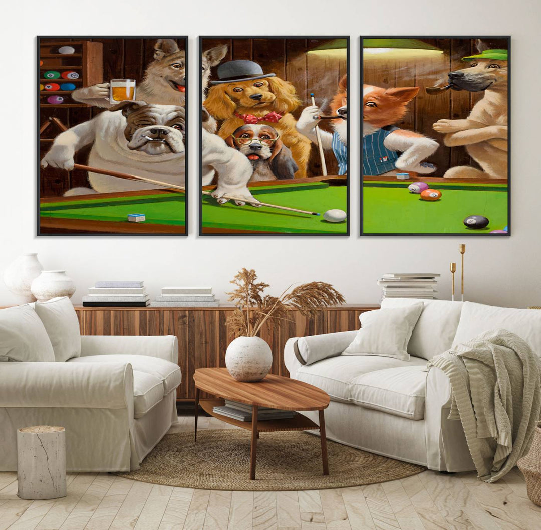 Dogs Playing Pool Canvas Wall Art: This artwork depicts a room where dogs are engaged in a game of pool. One dog is poised to cue while others observe the scene.