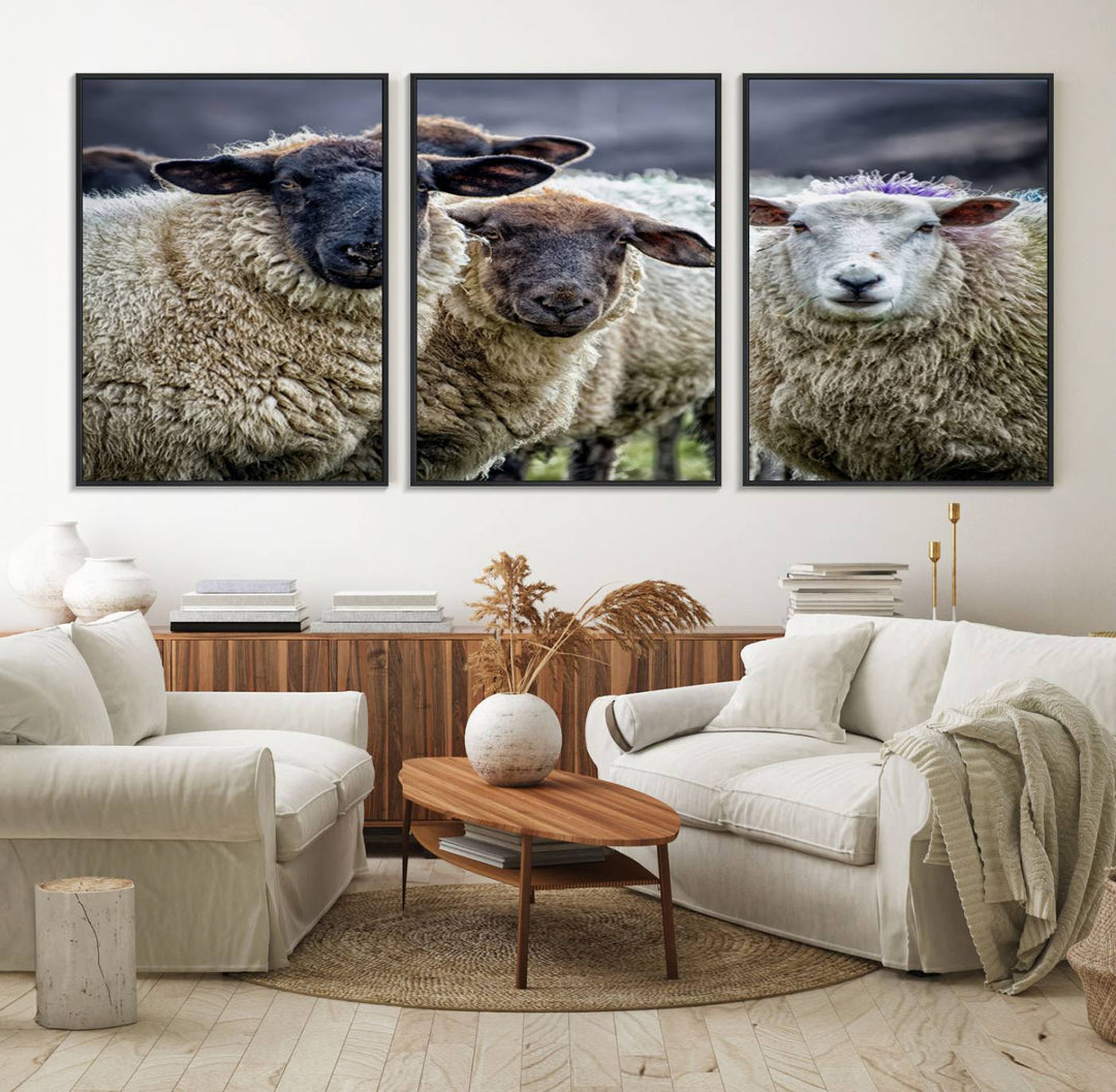 The Charming Sheep Portrait Wall Art hangs on a wooden wall.