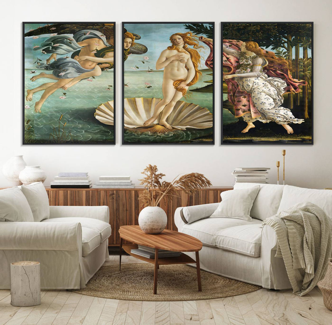 A canvas print of Botticellis The Birth of Venus is displayed on the wall.