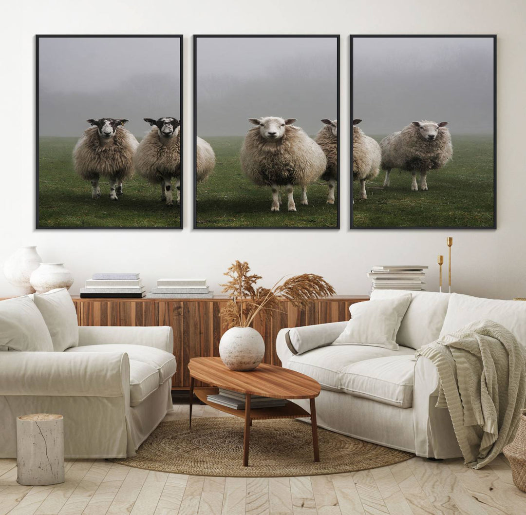 The Flock of Sheep in a Mystical Fog canvas print is framed and ready to hang.