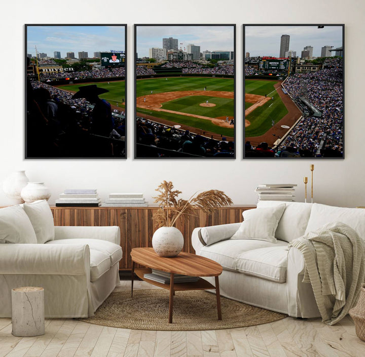 Admire this museum-quality canvas print of a Chicago Cubs game with a cityscape view from the stands at Wrigley Field.