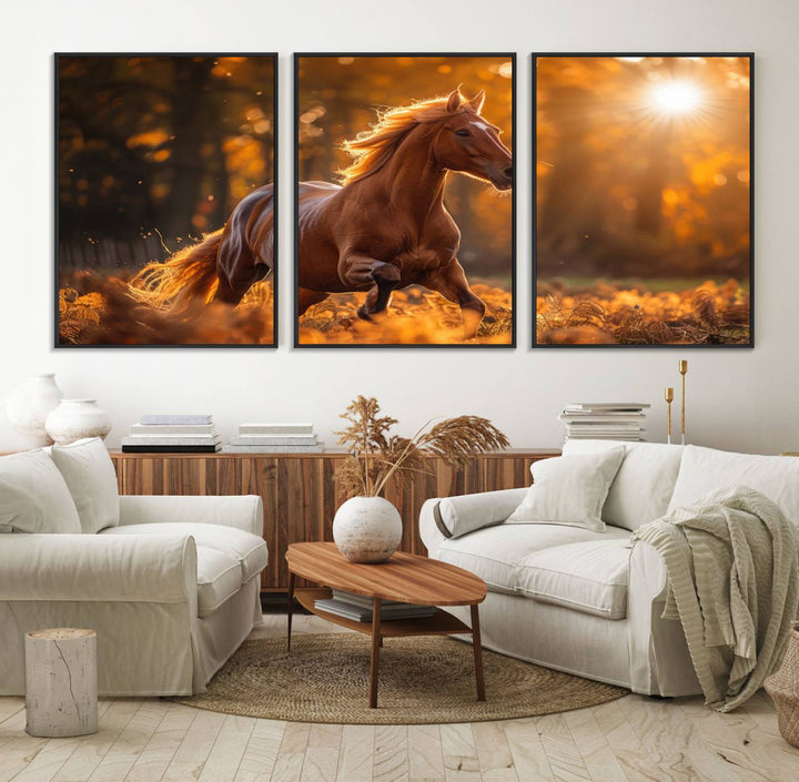 The Running Horse Sunset Forest Wall Art Canvas Print showcases a gallop in an autumn forest with sunlight streaming through the trees.