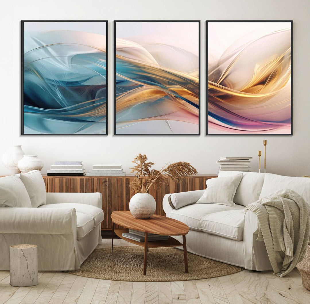 Abstract Flowing Colors Wall Art featuring blue, gold, and pink adds modern elegance to the space.