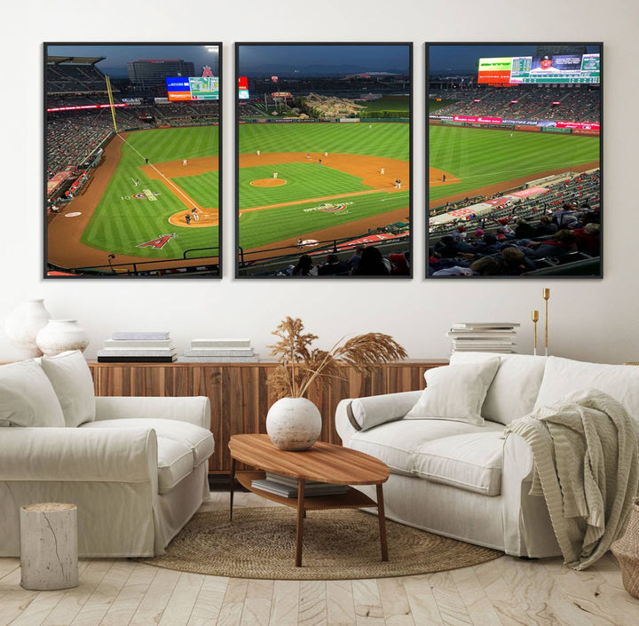 The Angel Stadium Aerial View canvas print of an Angels baseball game is showcased.