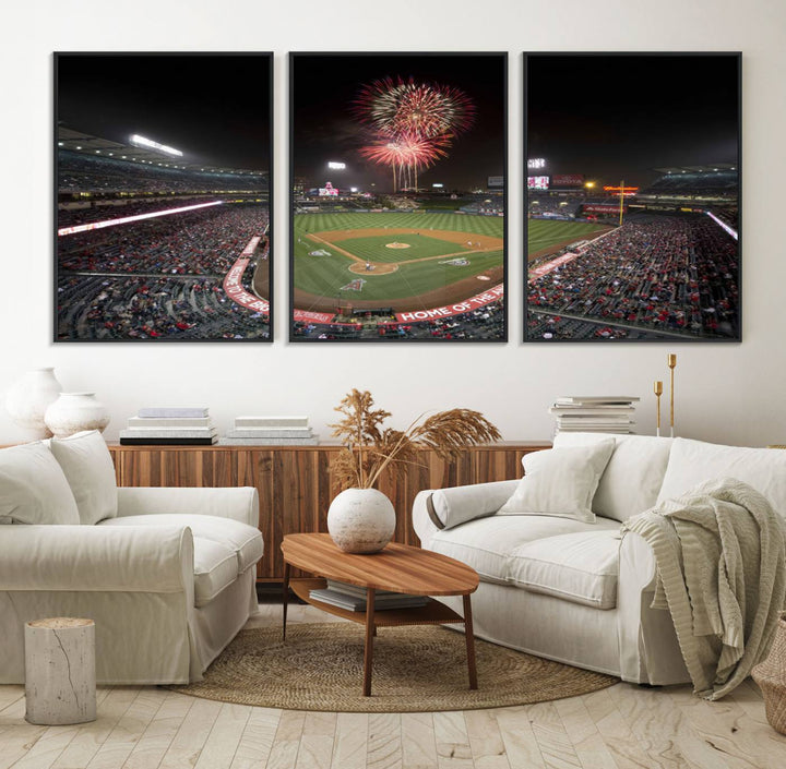 Fireworks at Angel Stadium – LA Angels Night Game Canvas Print, framed and ready to hang.