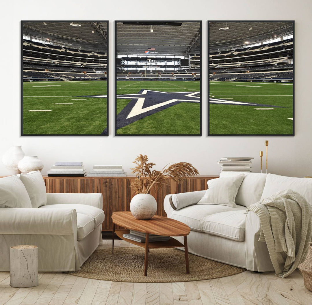 AT&T Stadium Dallas Cowboys Canvas Print displayed above a dining table.