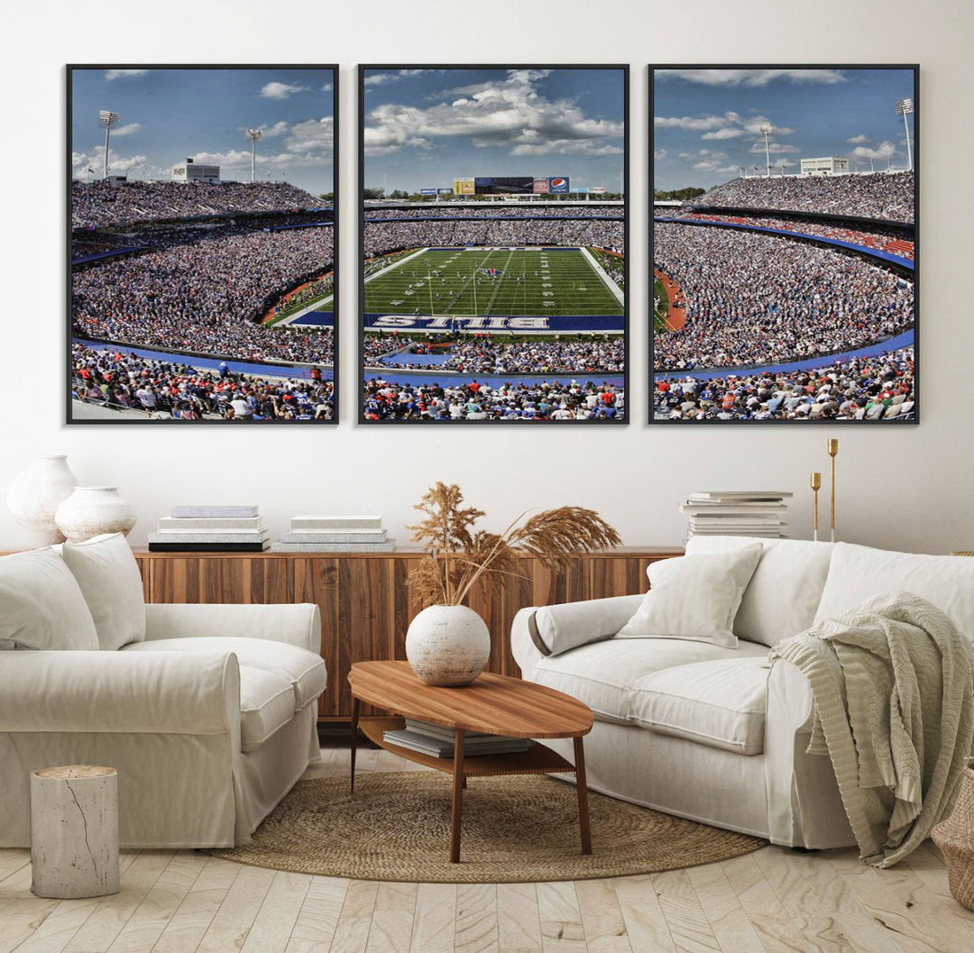 Our Buffalo Bills Game Day Canvas captures a vibrant scene at Highmark Stadium, with a lively crowd under a partly cloudy sky.