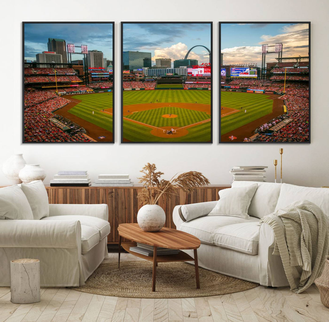 A Busch Stadium canvas print featuring a cityscape, ideal for enhancing living room or man cave sports decor.