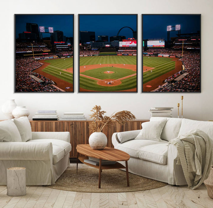 A St. Louis Cardinals Baseball Team print of Busch Stadium at night adorns the wall.