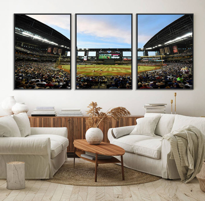 The wall art is an Arizona Diamondbacks Baseball Print depicting a packed Chase Field Stadium under a clear blue sky.