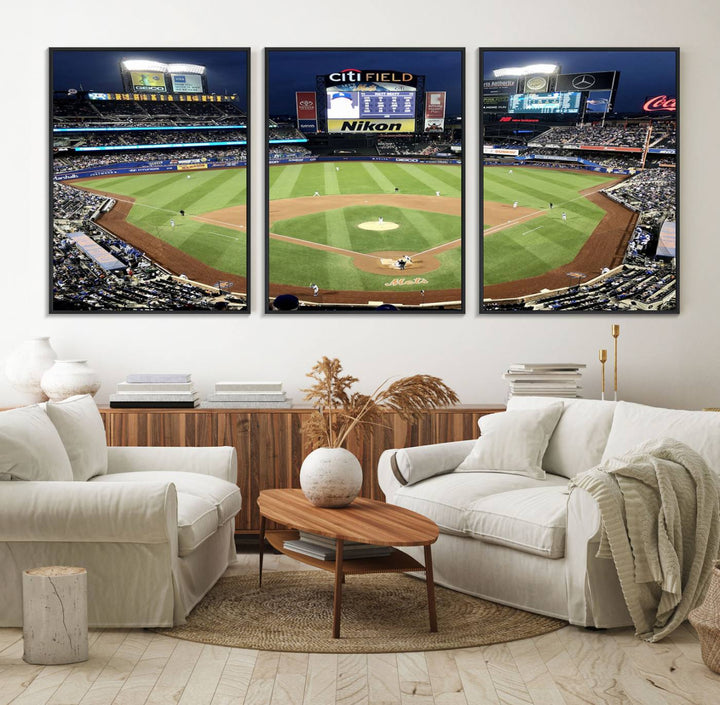 The wall is adorned with a 3-panel Citi Field Wall Art Print, framed for sports-themed decor.