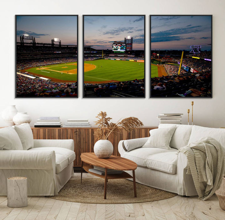 A wall art piece depicting the Philadelphia Phillies Citizens Bank Park Stadium at dusk.