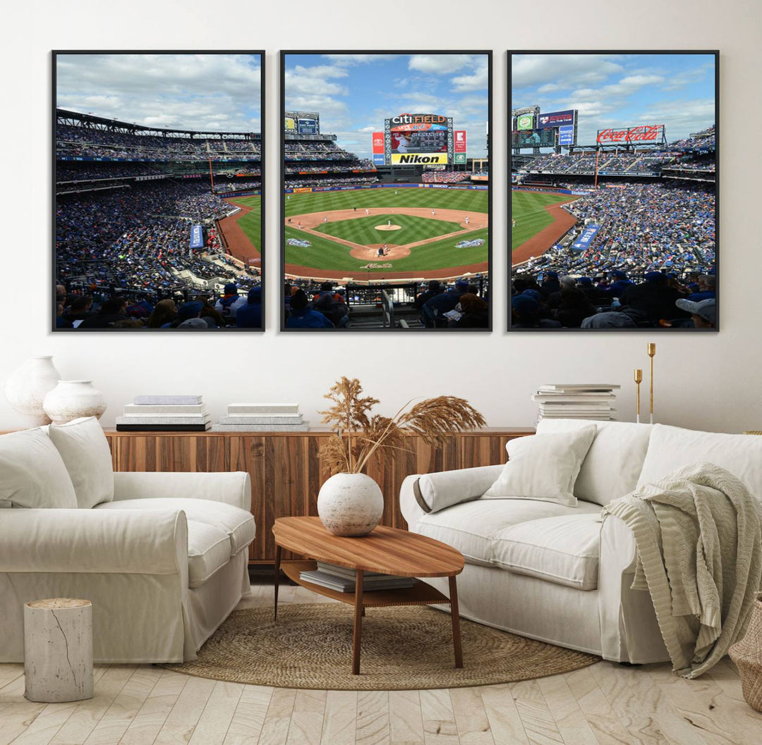 A wall art piece featuring a New York Mets Baseball Team print of Citi Field during a thrilling game under a blue sky.