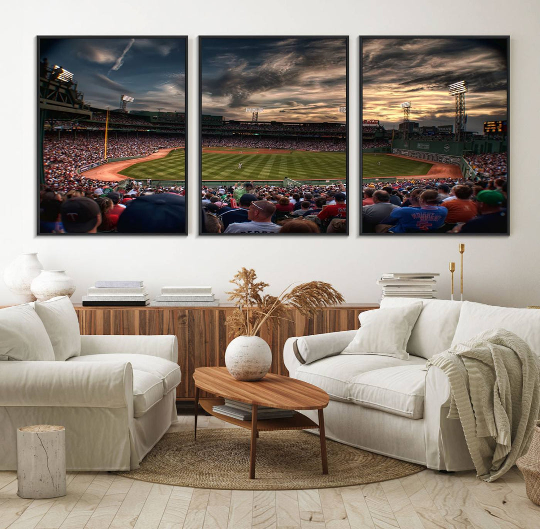 Boston Red Sox canvas print of Fenway Park at sunset, ideal for sports fans.