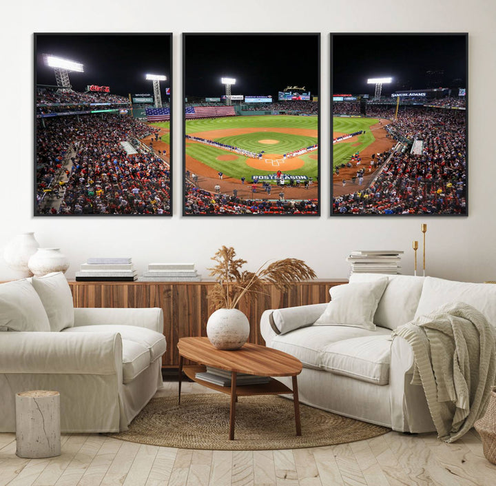 The Fenway Park Wall Art Canvas Print showcases a stunning aerial view of Bostons iconic ballpark at night, making it an ideal piece for any Red Sox enthusiast.