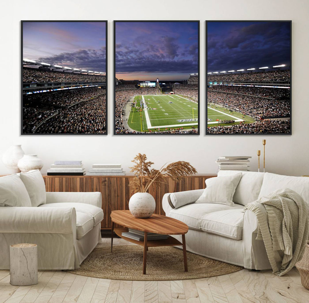 A large New England Patriots Foxborough Gillette Stadium wall art canvas print at sunset.