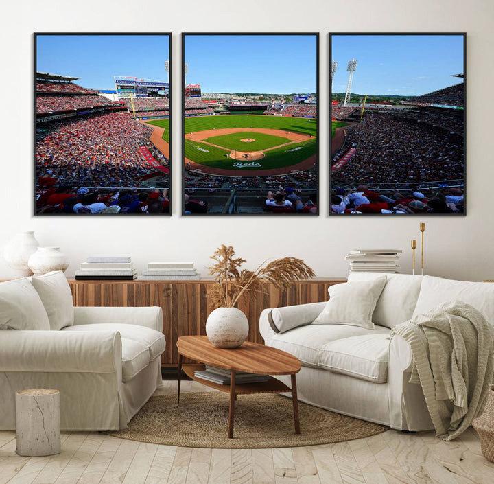 The Cincinnati Reds Baseball Team print of Great American Ball Park Stadium adorns the wall.