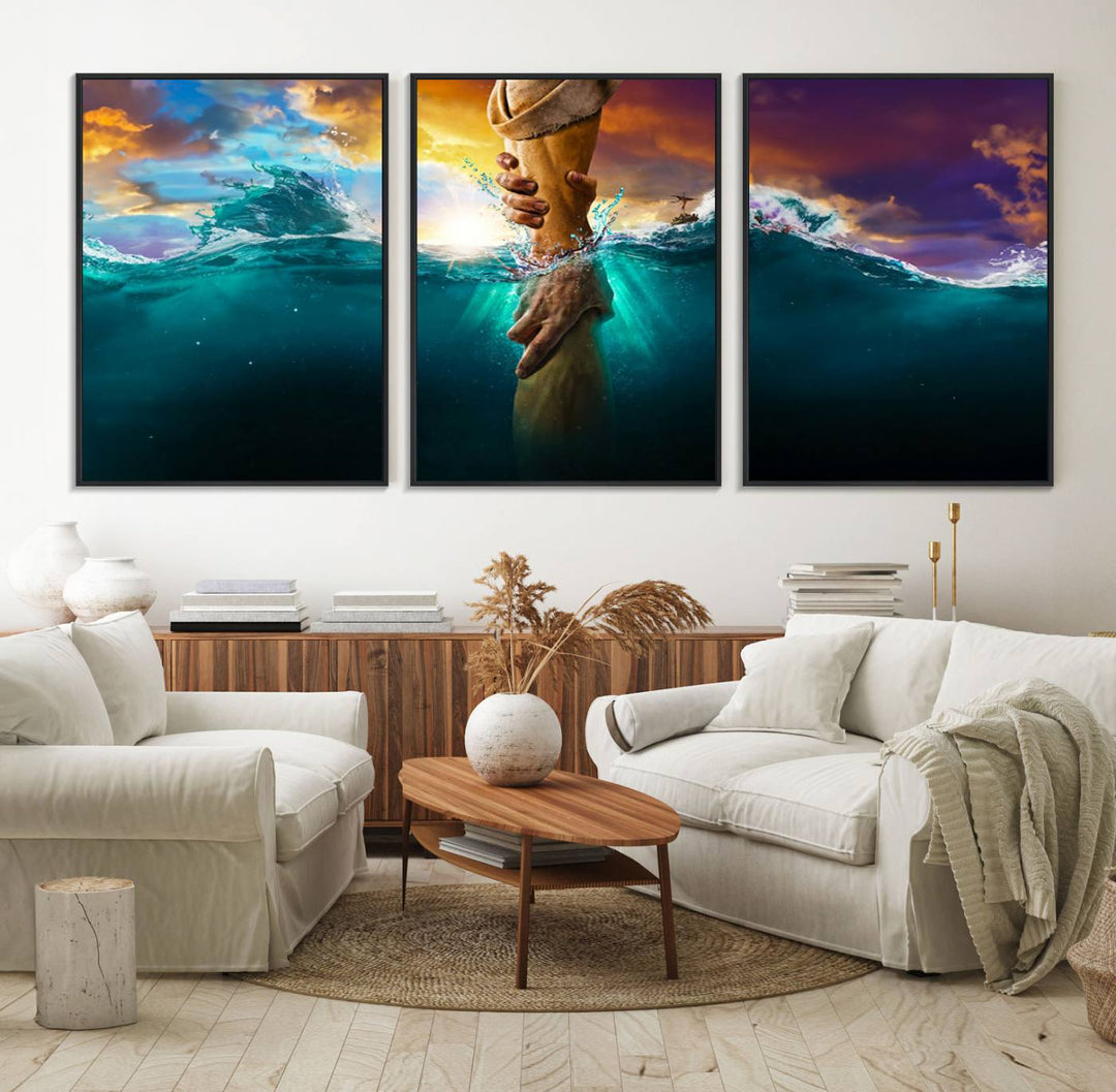 The God Hand Wall Art Canvas Print depicts hands reaching through water against a vibrant sky.