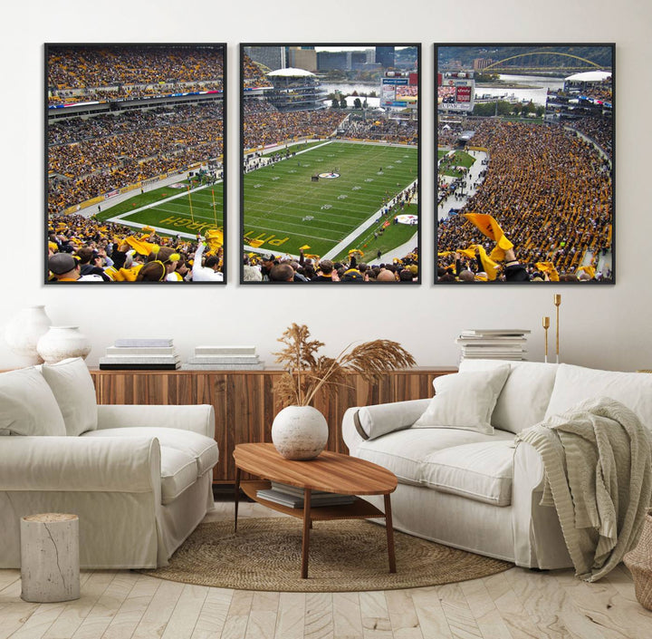 Heinz Field wall art and a cityscape serve as the backdrop.