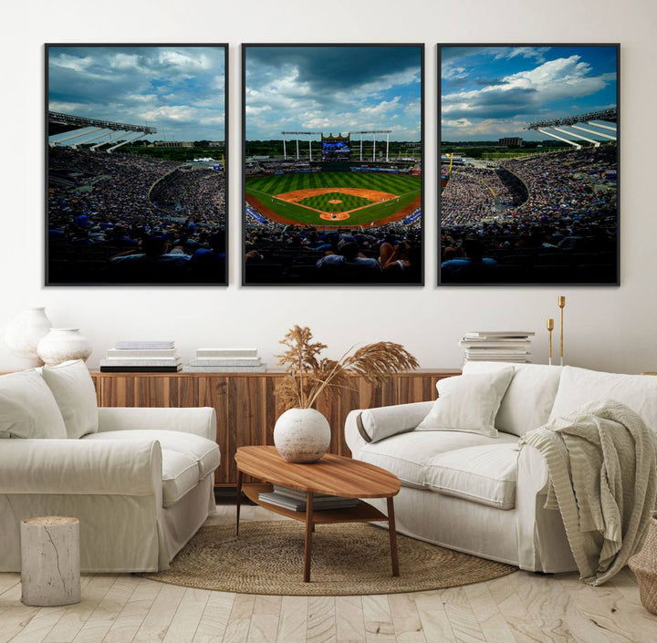 A 3-panel print of Kauffman Stadium, showcasing a crowded baseball field under cloudy skies.