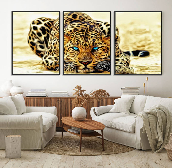 The Blue-Eyed Leopard Canvas Wall Art features a fierce and captivating design, perfect for wildlife enthusiasts. Its bold imagery makes it a striking decor piece, ready to hang.