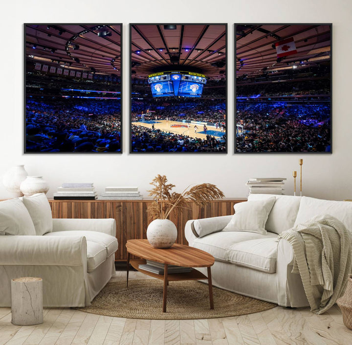 A print depicting an NBA game at Madison Square Garden, highlighting the scoreboard.