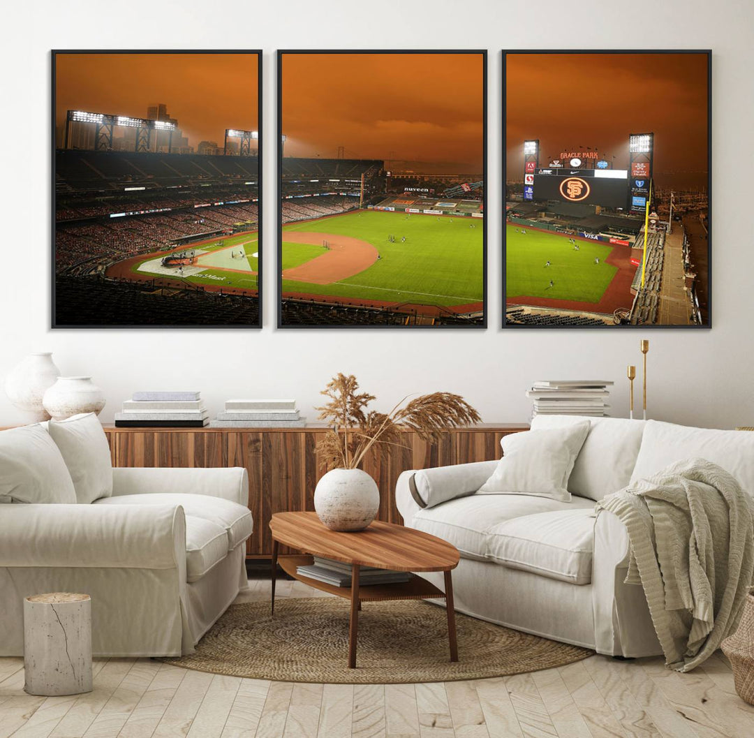 A canvas depicting an Oracle Park game with an orange sky, from SF Giants Stadium Wall Art.