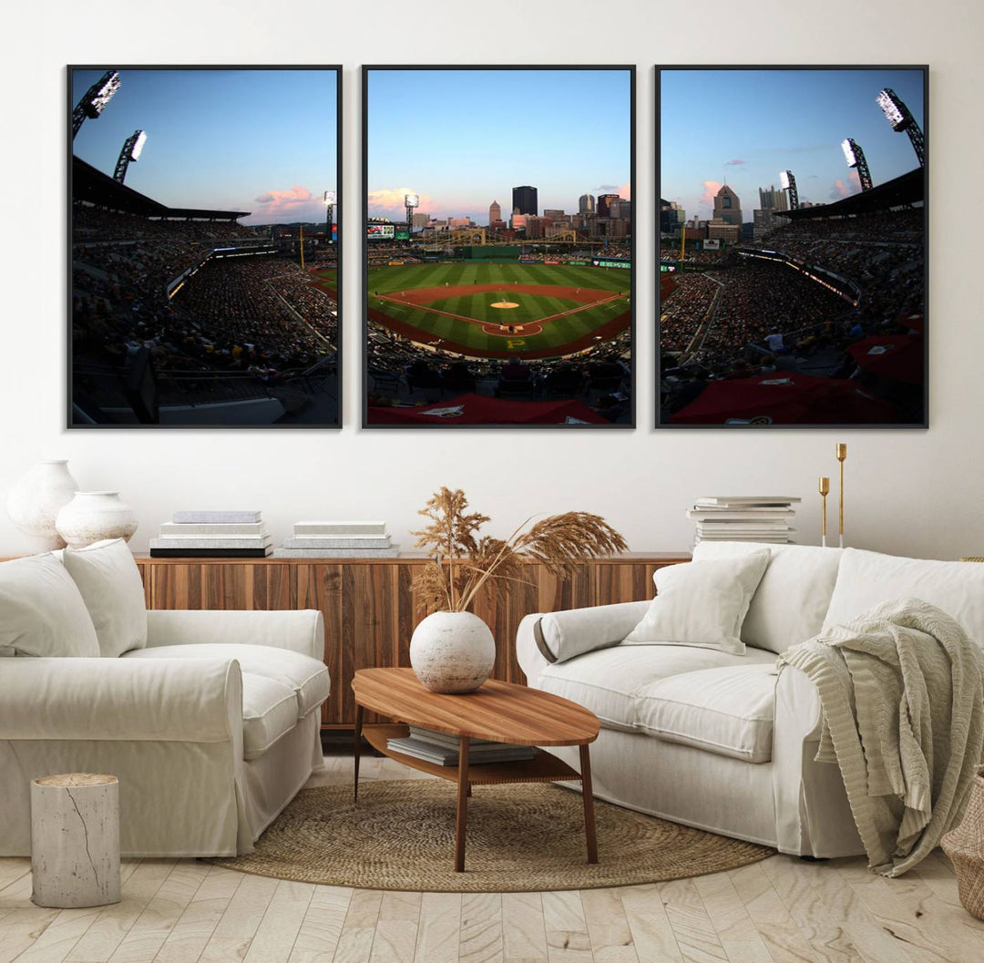 The PNC Park Evening Game Canvas, featuring a skyline backdrop, is displayed on the wall.