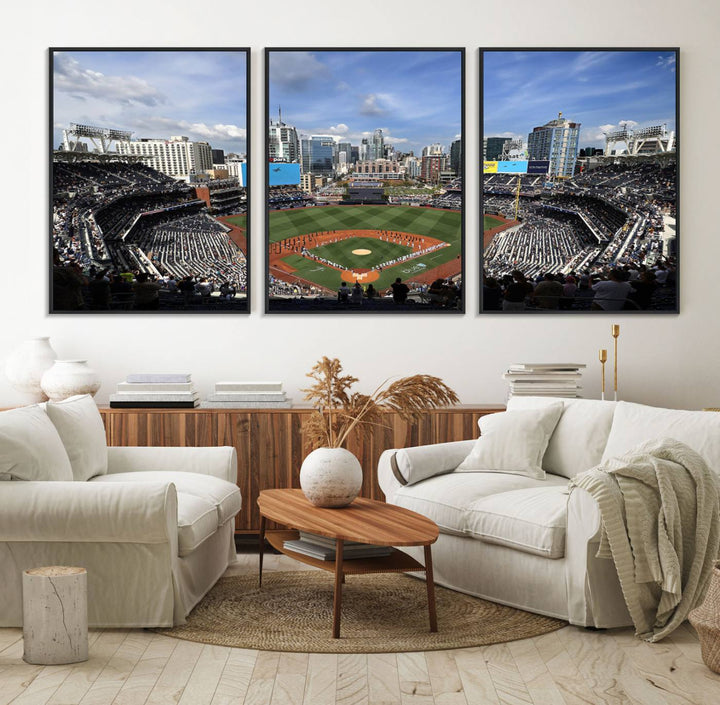 The San Diego Padres Baseball Canvas Print of Petco Park enhances the modern kitchen-dining area.