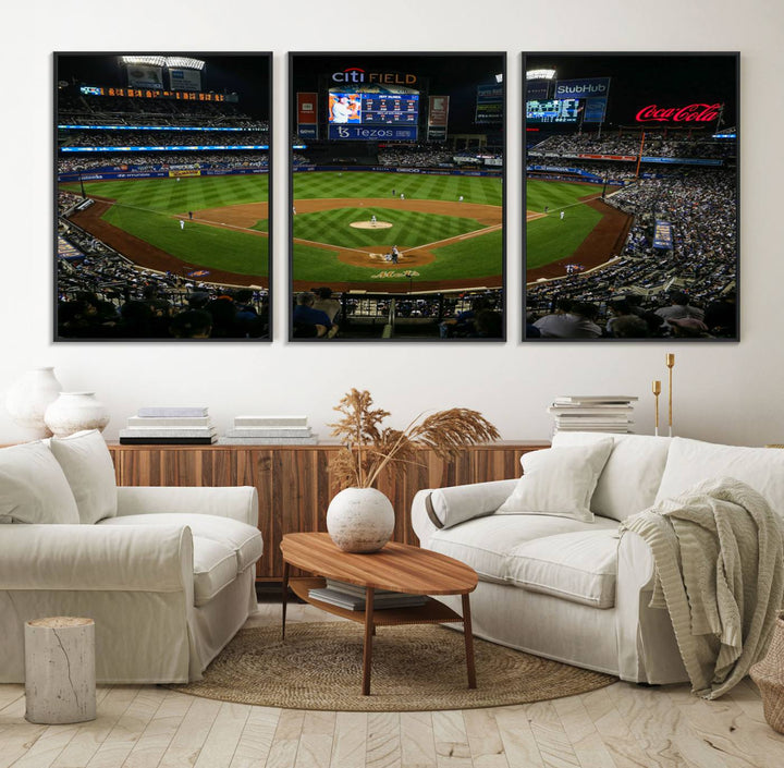 A print of the Oakland Athletics game at RingCentral Coliseum hangs on the wall.