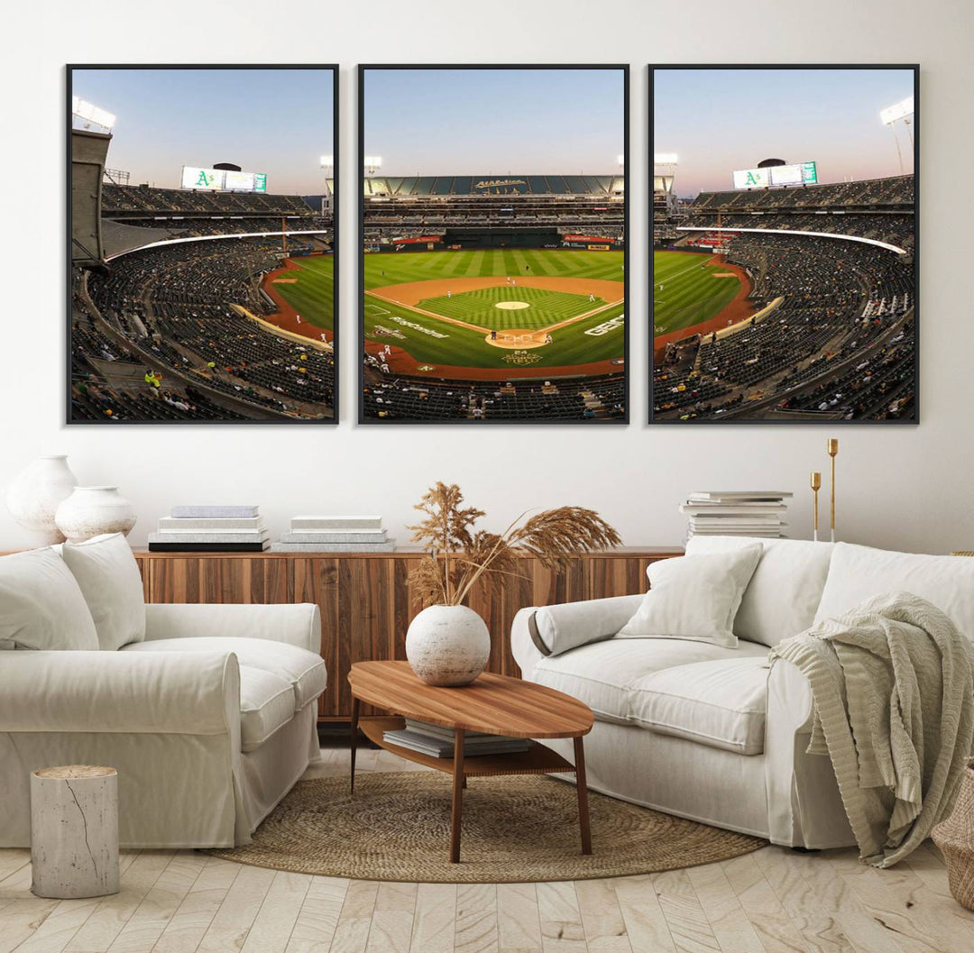 Oakland Athletics wall art canvas featuring the interior of RingCentral Coliseum Stadium.